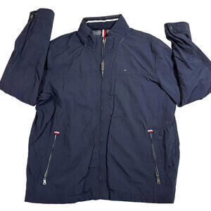 Tommy Hilfiger mens jacket XL Navy Full Zip Hooded Windbreaker Retro Y2K Street